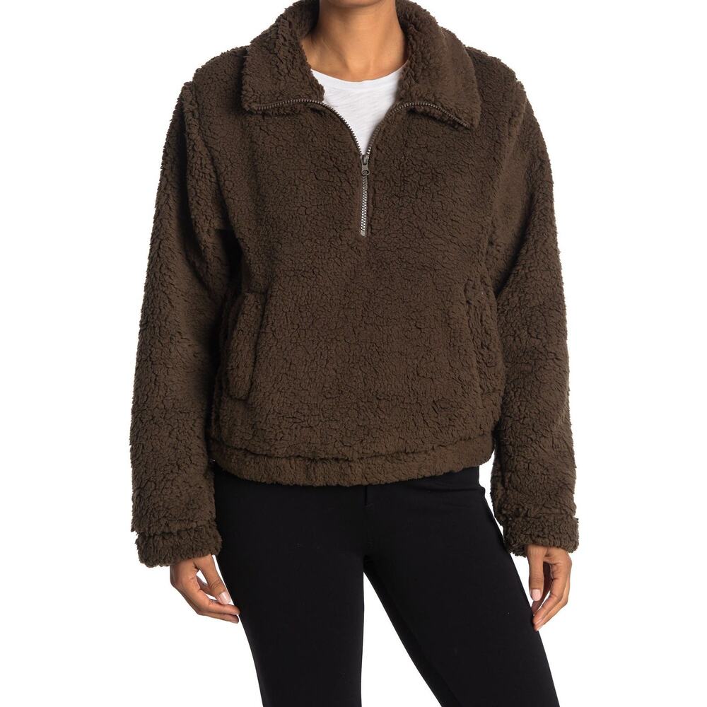 SAGE Collective Jetsetter Half Zip Faux Shearling Cropped Jacket Brown Large